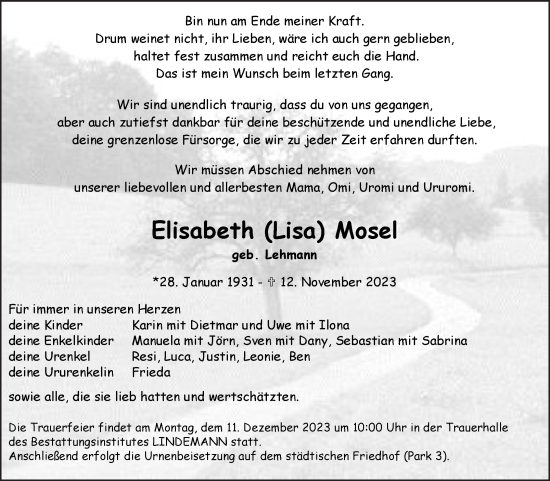 Traueranzeige von Elisabeth Mosel von Volksstimme Halberstadt