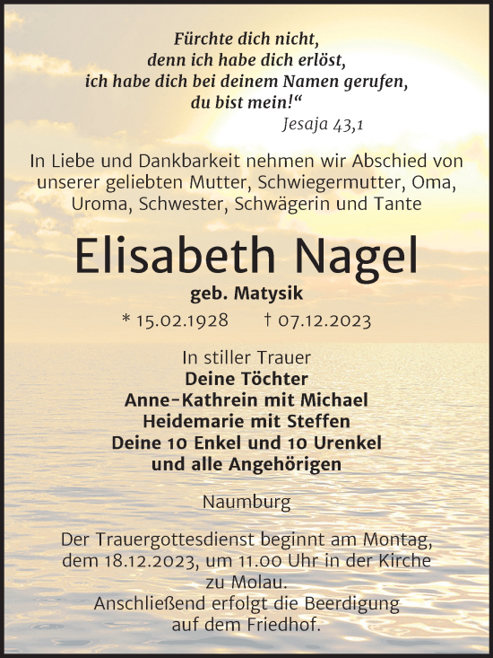 Traueranzeige von Elisabeth Nagel von Naumburger Tageblatt