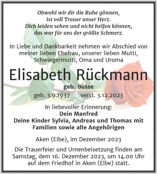 Traueranzeige von Elisabeth Rückmann von Trauerkombi Köthen