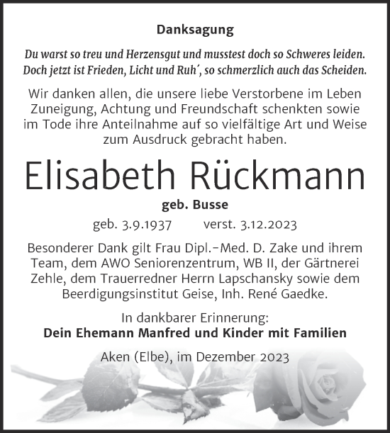 Traueranzeige von Elisabeth Rückmann von Trauerkombi Köthen