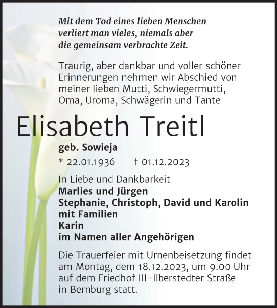 Traueranzeige von Elisabeth Treitl von Trauerkombi Bernburg