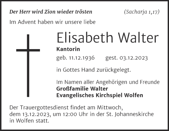 Traueranzeige von Elisabeth Walter von Trauerkombi Bitterfeld