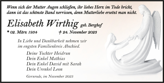 Traueranzeige von Elisabeth Wirthig von Trauerkombi Quedlinburg