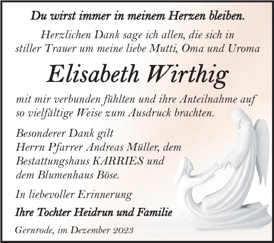 Traueranzeige von Elisabeth Wirthig von Trauerkombi Quedlinburg
