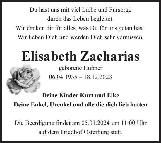 Traueranzeige von Elisabeth Zacharias von Volksstimme Altmark Ost