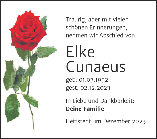 Traueranzeige von Elke Cunaeus von Trauerkombi Mansfelder Land