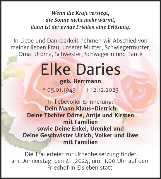 Traueranzeige von Elke Daries von Trauerkombi Mansfelder Land