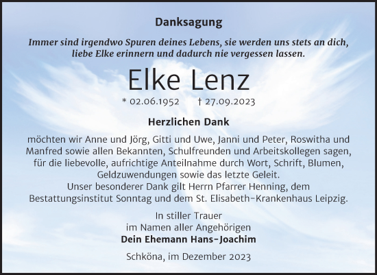 Traueranzeige von Elke Lenz von Trauerkombi Wittenberg