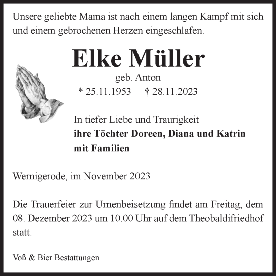 Traueranzeige von Elke Müller von Volksstimme Wernigerode