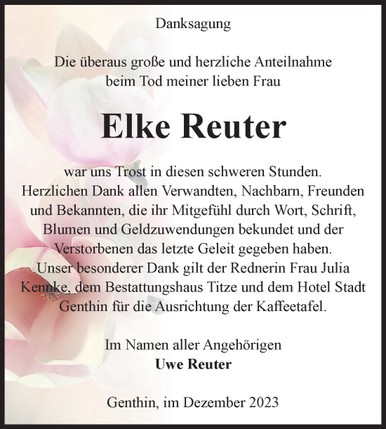 Traueranzeige von Elke Reuter von Volksstimme Burg/Genthin