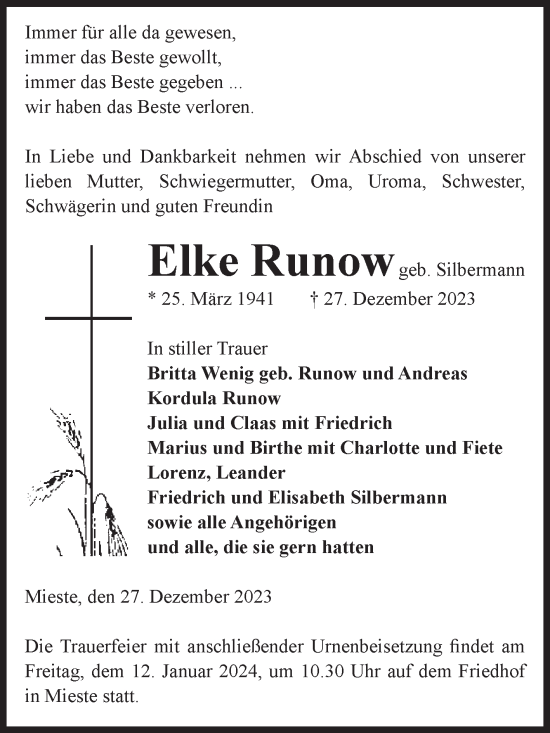 Traueranzeige von Elke Runow von Volksstimme Altmark West