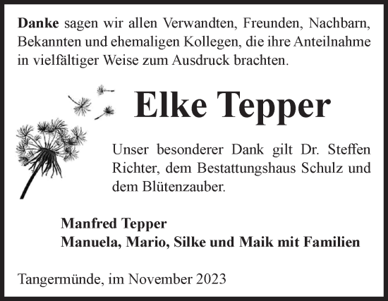 Traueranzeige von Elke Tepper von Volksstimme Altmark Ost