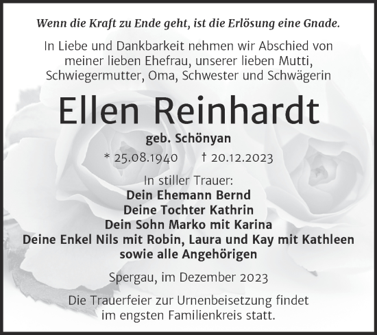 Traueranzeige von Ellen Reinhardt von Trauerkombi Merseburg