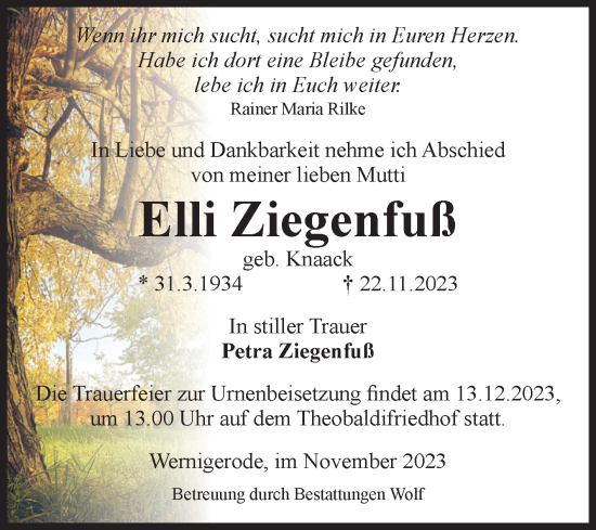 Traueranzeige von Elli Ziegenfuß von Volksstimme Wernigerode