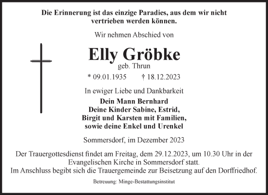 Traueranzeige von Elly Gröbke von Volksstimme Oschersleben/Wanzleben