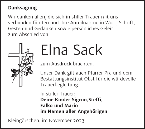 Traueranzeige von Elna Sack von Trauerkombi Weißenfels