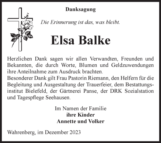 Traueranzeige von Elsa Balke von Volksstimme Altmark Ost