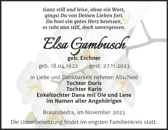 Traueranzeige von Elsa Gambusch von Trauerkombi Merseburg