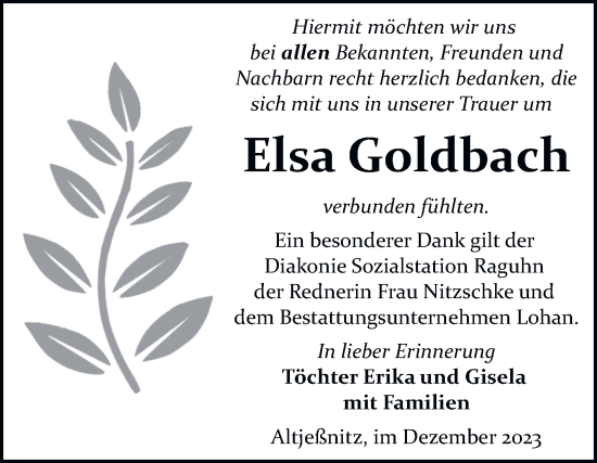 Traueranzeige von Elsa Goldbach von Trauerkombi Bitterfeld