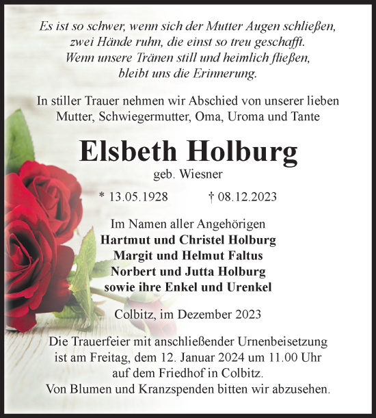 Traueranzeige von Elsbeth Holburg von Volksstimme Haldensleben/Wolmirstedt