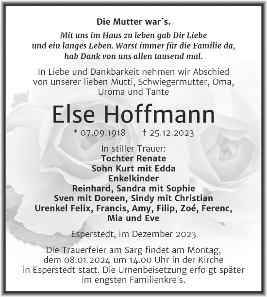 Traueranzeige von Else Hoffmann von Trauerkombi Merseburg