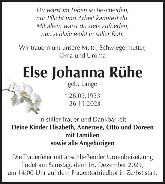 Traueranzeige von Else Johanna Rühe von Volksstimme Zerbst
