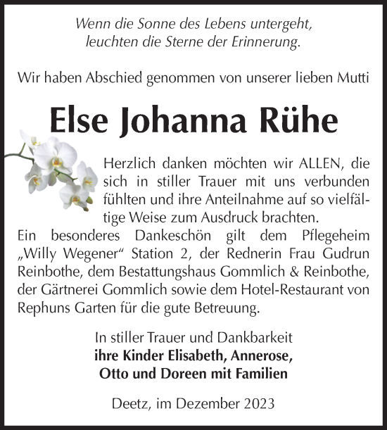 Traueranzeige von Else Johanna Rühe von Volksstimme Zerbst