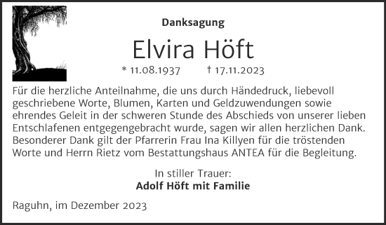 Traueranzeige von Elvira Höft von Trauerkombi Bitterfeld