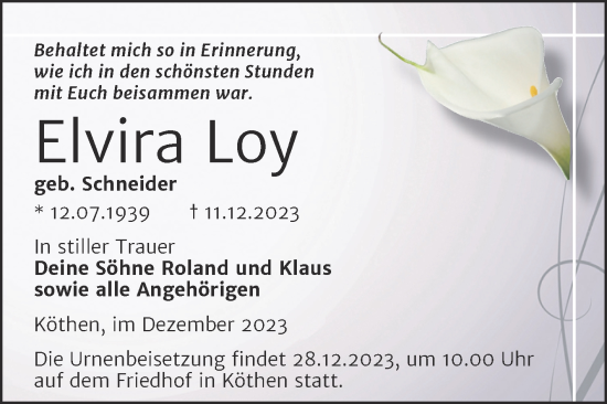 Traueranzeige von Elvira Loy von Trauerkombi Köthen