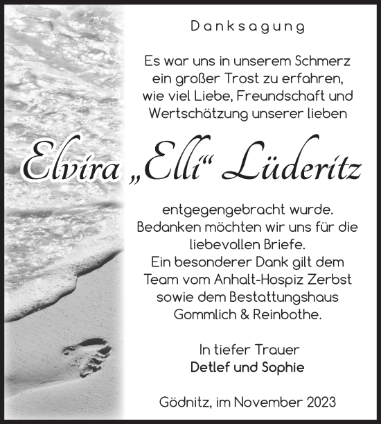 Traueranzeige von Elvira Lüderitz von Volksstimme Zerbst