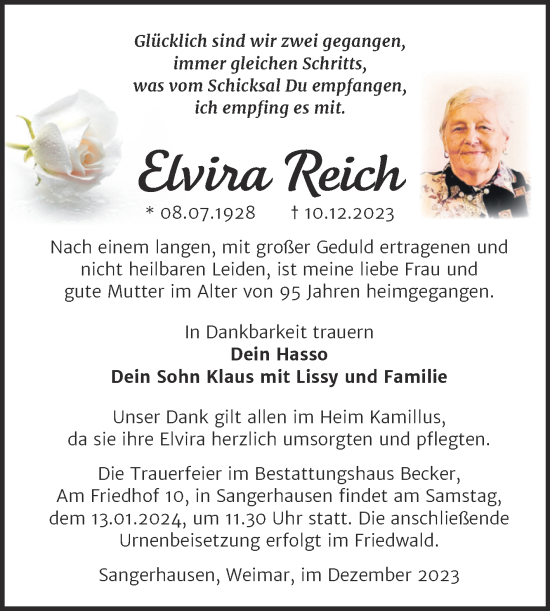 Traueranzeige von Elvira Reich von Trauerkombi Sangerhausen