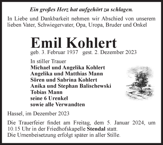 Traueranzeige von Emil Kohlert von Volksstimme Altmark Ost