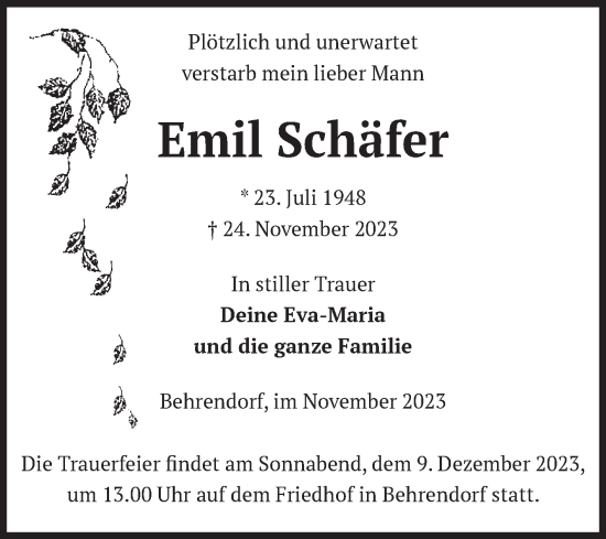 Traueranzeige von Emil Schäfer von Volksstimme Altmark Ost