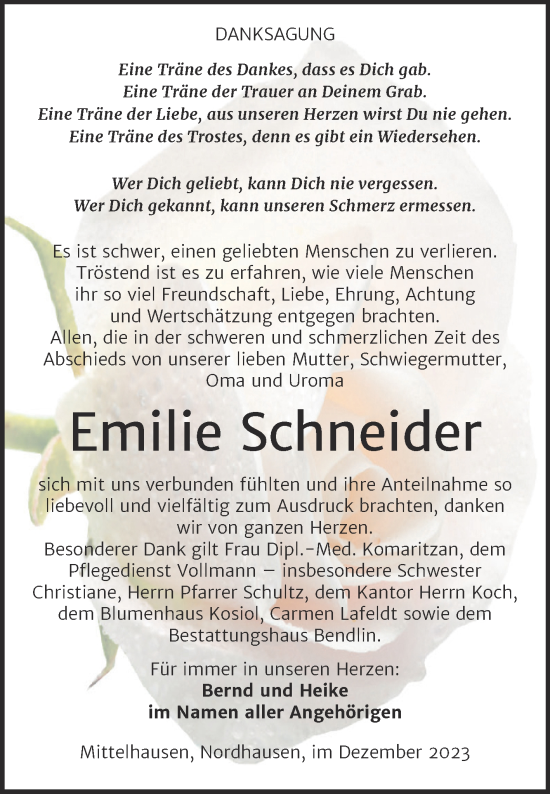 Traueranzeige von Emilie Schneider von Trauerkombi Sangerhausen