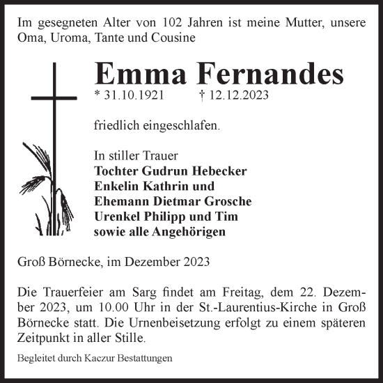 Traueranzeige von Emma Fernandes von Volksstimme Staßfurt