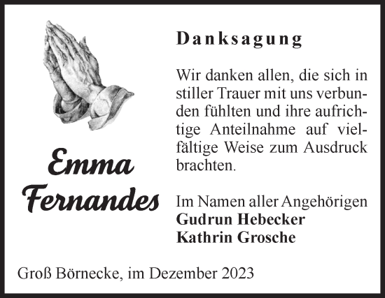 Traueranzeige von Emma Fernandes von Volksstimme Staßfurt
