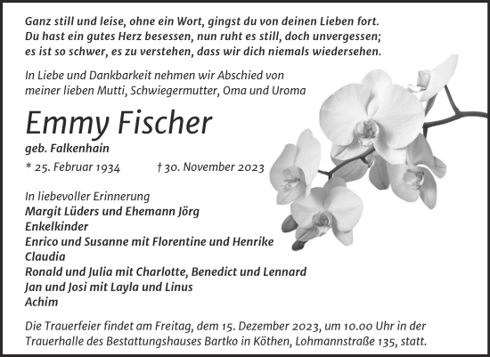 Traueranzeige von Emmy Fischer von Trauerkombi Köthen
