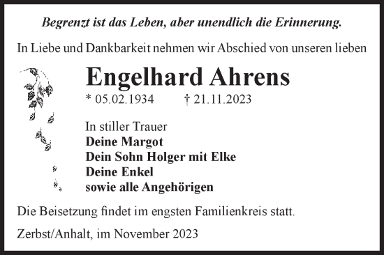 Traueranzeige von Engelhard Ahrens von Volksstimme Zerbst