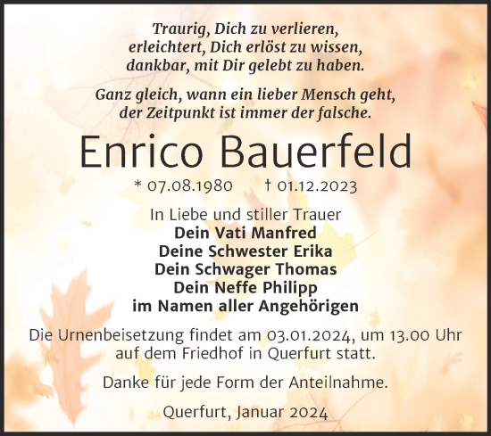Traueranzeige von Enrico Bauerfeld von Trauerkombi Merseburg