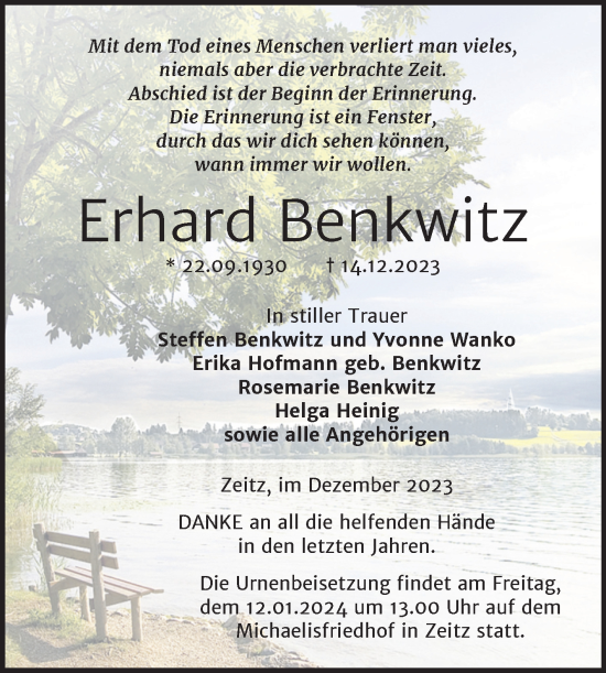 Traueranzeige von Erhard Benkwitz von Trauerkombi Zeitz