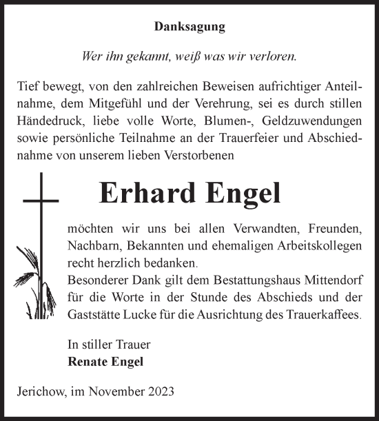 Traueranzeige von Erhard Engel von Volksstimme Burg/Genthin