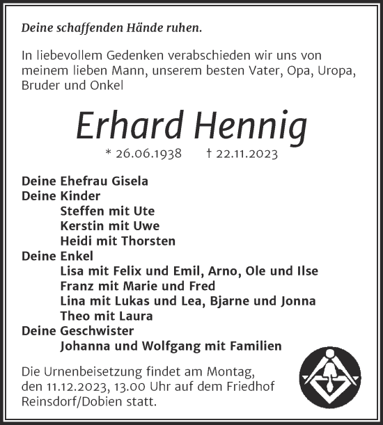 Traueranzeige von Erhard Hennig von Super Sonntag Wittenberg