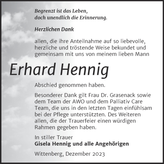 Traueranzeige von Erhard Hennig von Trauerkombi Wittenberg