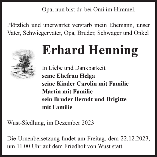 Traueranzeige von Erhard Henning von Volksstimme Altmark Ost