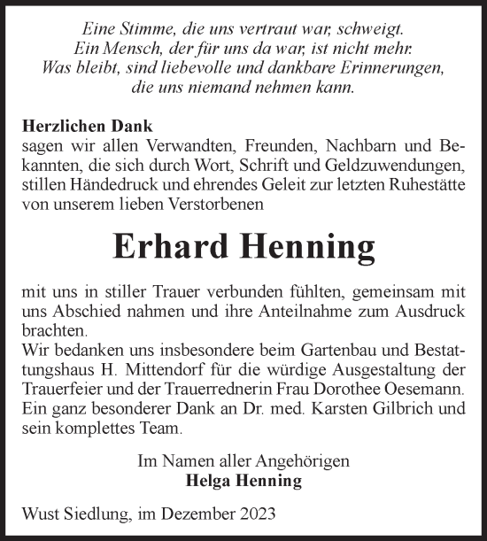 Traueranzeige von Erhard Henning von Volksstimme Altmark Ost