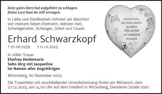 Traueranzeige von Erhard Schwarzkopf von Trauerkombi Wittenberg