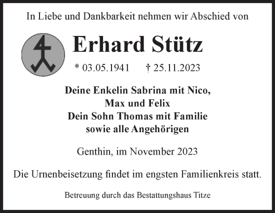Traueranzeige von Erhard Stütz von Volksstimme Burg/Genthin