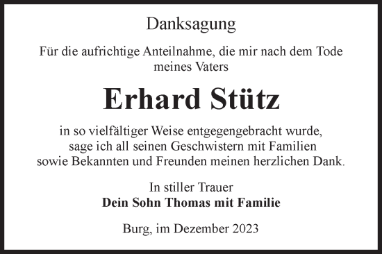 Traueranzeige von Erhard Stütz von Volksstimme Burg/Genthin