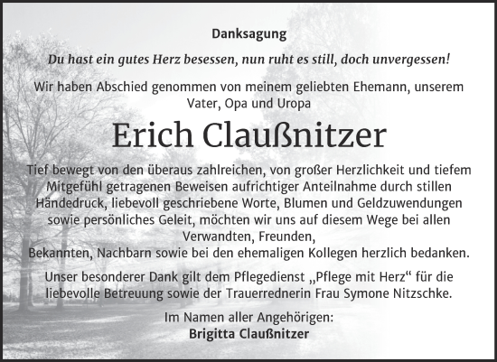 Traueranzeige von Erich Claußnitzer von Trauerkombi Dessau