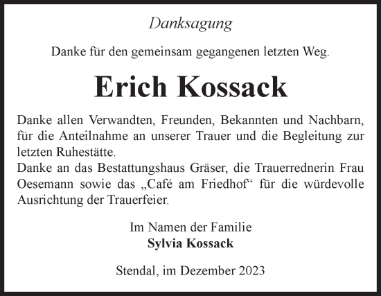 Traueranzeige von Erich Kossack von Volksstimme Altmark Ost